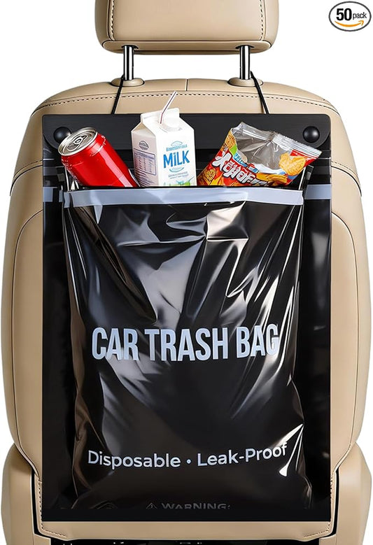 50 Count Recycled Disposable Car Trash Bags - 2.5 Gallon Heavy Duty Alternative to Bulky Car Trash Can & Car Garbage Can, Leakproof Smellproof Hanging & Stick-On Garbage Bag for Car, SUV, Truck