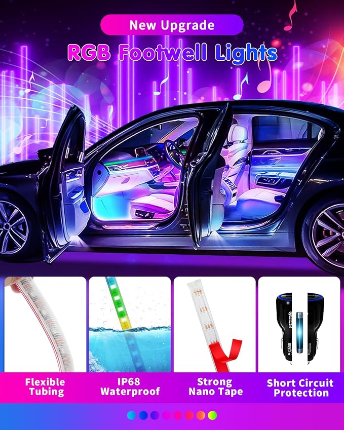 DUOFU365 Car Led Light Interior, RGB Dreamcolor Inside Light Music Sync | Under Dash Footwell automotive Strip Light, 12V Acrylic Strip Light for Vehicle, Truck,Jeep, SUV with Car Charger(1set)