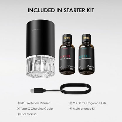 Airversa Waterless Essential Oil Diffuser Starter Kit with 2x30mL Hotel Scent Fragrance Oil for Home Room Desk Car, Battery Operated Scent Air Freshener Diffuser, 100mL Capacity, RD1 Kit Black