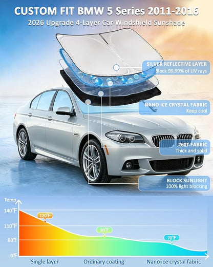 for BMW 5 Series 2011-2016 Windshield Sun Shade - 4 Layers Car Sunshades for Front Windows Shade Cover Custom Fit 5 Series 525i 520i 528i 530i 535d 535i 550i Sun Visor Blocks UV Rays Car Accessories