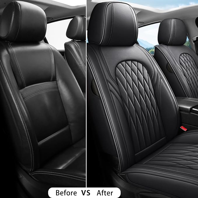 WELLDO Nappa Faux Leather Car Seat Covers Full Set, Black | Waterproof, Non-Slip Seat Protector, 0.28in Thickened Cushion, Airbag Compatible, Universal for Cars SUV Truck Pickup