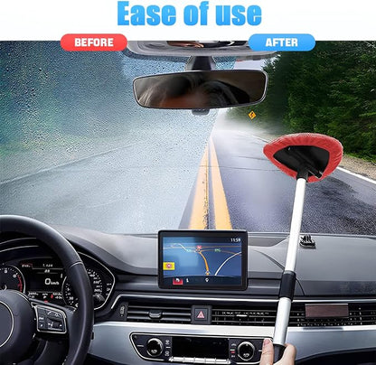 Windshield Cleaning Tool, Car Window Cleaner with Extendable Long Handle and 4 Washable Reusable Microfiber Pads, Auto Interior Exterior Glass Wiper Cleaning Kit Universal for Office and Home (Red)