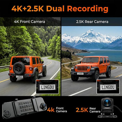 12" Mirror Dash Cam, 4K UHD Front and 2.5K Rear View Dash Camera for Car, with ADAS BSD LCA Smart Mode, GPS, G-Sensor, Loop Recording, Parking Monitor, Voice Control, 5.8GHz WiFi