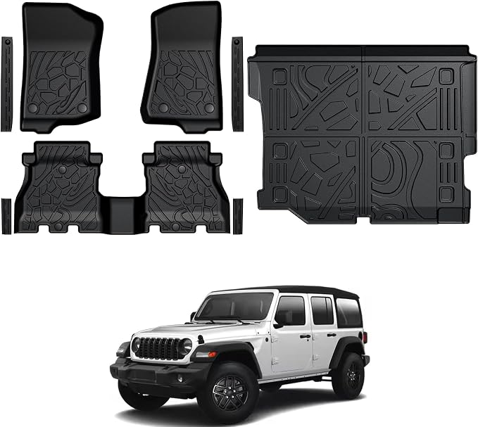 Floor Mats for Jeep Wrangler JL Gas 2018-2025 2026, All Weather Floor Mats Trunk Cargo Liner and Door Sill Guards Accessories (Fit 4-Door Unlimitied)