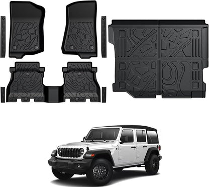 Floor Mats for Jeep Wrangler JL Gas 2018-2025 2026, All Weather Floor Mats Trunk Cargo Liner and Door Sill Guards Accessories (Fit 4-Door Unlimitied)