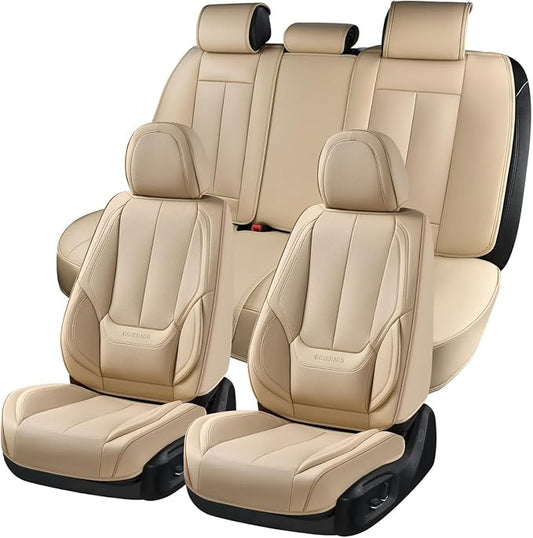 Coverado Car Seat Covers Full Set, Car Seat Protector Waterproof, Nappa Leather Car Seat Cushion, Beige Seat Covers for Cars, Front Seats and Back Universal Fit for Most Cars