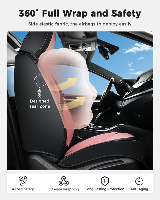 Huidasource Seat Covers Full Set, Universal Fit for Most Cars SUV Trucks, Full Coverage Leather Seat Cover, Airbag, Cupholder Compatible, Seat Function Retain, Easy Install with Velcro, Black & Pink