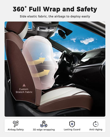 Huidasource Car Seat Covers Full Set, Luxury Faux Leather Car Seat Covers, Velcro Adjustable, with Airbags, Child Seat, Cooling＆Heating, Universal Fit for Most Cars, Vans, Trucks, SUVs, Coffee＆White
