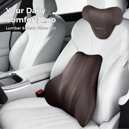 Coverado Lumbar Support Pillow for Car, Ergonomic Memory Foam Back Pillow for Office Chair, New Back Cushion for Pain Relief, PU Leather Car Lumbar Support for Driving Seat