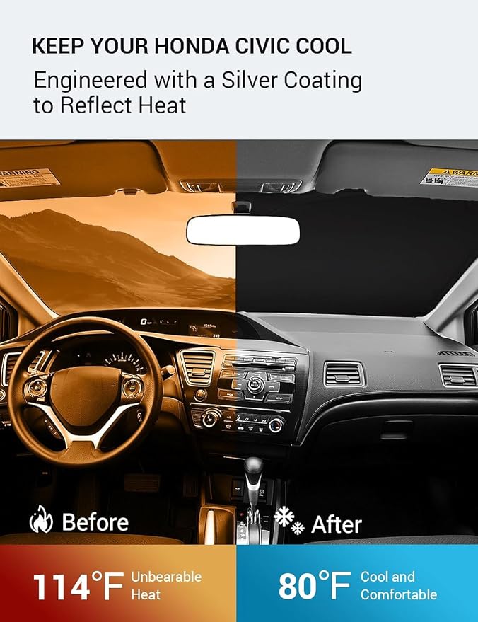 Proadsy 2026 Upgrade Windshield Sun Shade Custom Fit 2012-2015 Civic Foldable Front Sunshade Protector Sun Visor Blocks UV Rays Keep Car Cooler