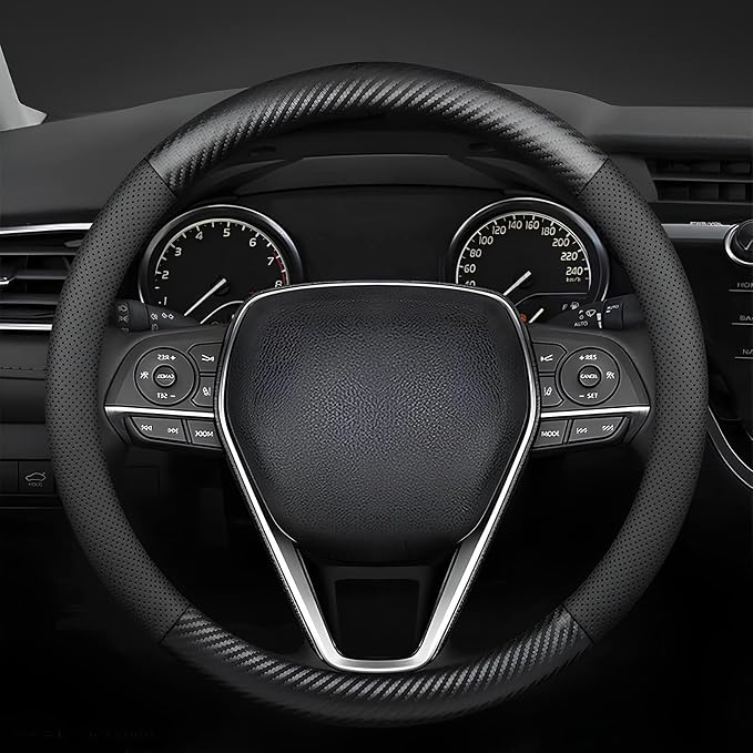 Steering Wheel Cover Standard Size 14.5-15 inch, Non-Slip Car Wheel Cover Protector, Non-Folding Packaging, Microfiber Leather, Black with Carbon Fiber