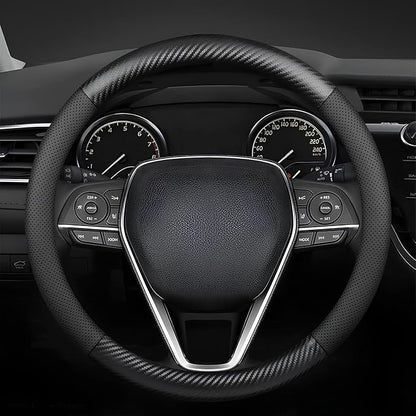 Steering Wheel Cover Standard Size 14.5-15 inch, Non-Slip Car Wheel Cover Protector, Non-Folding Packaging, Microfiber Leather, Black with Carbon Fiber