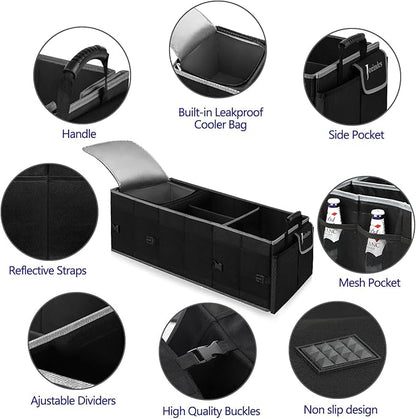 Trunk Organizer With Built-In Insulated Leak Proof Cooler Bag,Collapsible Cargo Organizer For Suv With Non Slip Bottom Strips,3 Large Compartments Foldable Waterproof Portable Car Storage Box