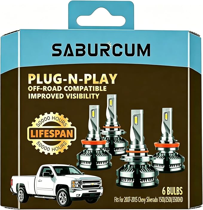 Fits 2007-2015 Chevy Silverado 1500 2500 3500HD Hi/Lo Dual Beam Bulbs Fog Lights combo, 1:1 as Stock, 6000K White 40000LM, 2007 2008 2009 2010 2011 2012 2013 2014 2015 Silverado Light Bulbs, Pack of 4