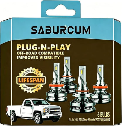 Fits 2007-2015 Chevy Silverado 1500 2500 3500HD Hi/Lo Dual Beam Bulbs Fog Lights combo, 1:1 as Stock, 6000K White 40000LM, 2007 2008 2009 2010 2011 2012 2013 2014 2015 Silverado Light Bulbs, Pack of 4