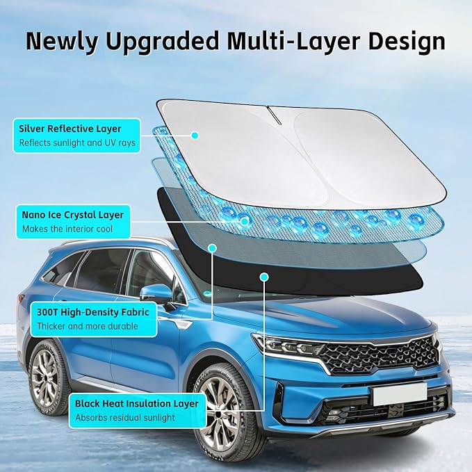 Windshield Sun Shade for Kia Sorento 2016-2026 Sunshade 300T Windshield Cover Shield Protector Blocks UV Rays Custom Fit Sorento Front Window Shades Windshield Accessories Keep Cool Foldable