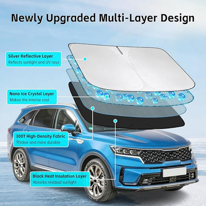 Windshield Sun Shade for Kia Sorento 2016-2026 Sunshade 300T Windshield Cover Shield Protector Blocks UV Rays Custom Fit Sorento Front Window Shades Windshield Accessories Keep Cool Foldable