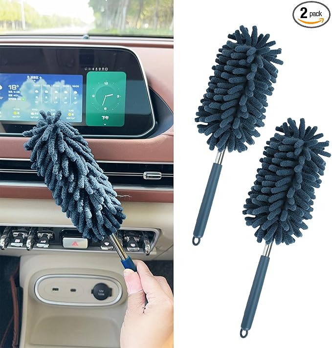 2PCS Car Interior Duster with Extension Pole, Microfiber Retractable Dusters Auto Dash Cleaning Tool, Soft Chenille Hand Washable Dusters for Vehicle Window Office Furniture (Blue)