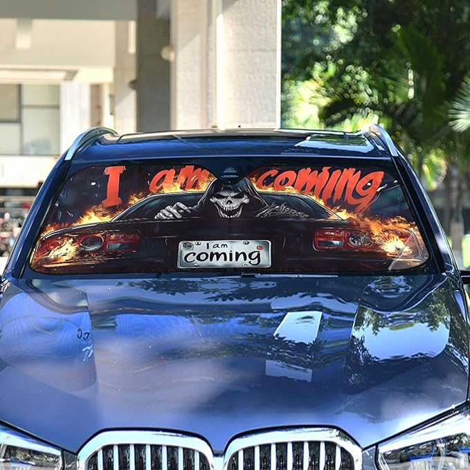 Cool Skeleton Skull Driving Windshield Sunshade Car Sun Shade Front Window Shade for Truck SUV Blocks UV Rays Sun Reflector Visor Protector Accordion Folding