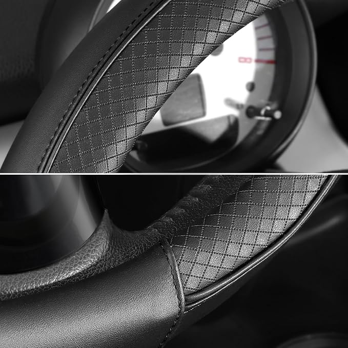 SEG Direct Steering Wheel Cover 14-14.25 inch (35.5-36 cm) Small Size, Microfiber Leather, Non-Slip Comfortable Grip, Fits Cars Prius Civic Model 3 Model Y Camaro, Black