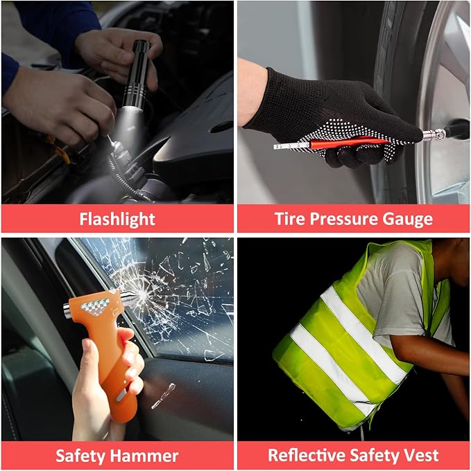 Car Roadside Safety Kit - 129pcs Black Red Winter Emergency Road Side Assistance Kits Auto Essential Kit for Men, Women, Teen