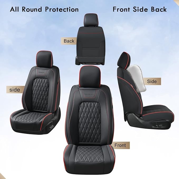 Coverado Leather Seat Covers Full Set for Ford F150F250F350F450(2015-2026)Waterproof Automotive Cushion Covers for Pick-Up Trucks Custom Fit for F150 SuperCrew&F250–F450 Super Duty Crew Cab(Red Line)
