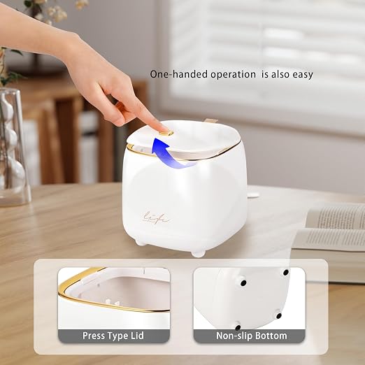 Desktop Mini Trash Can, Portable Trash Can Press Type Lid, Mini Push Bin for Tabletop for Home Office (White)