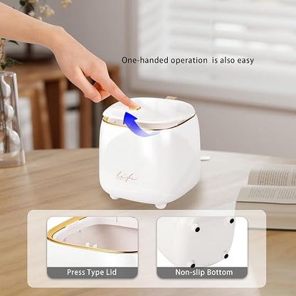 Desktop Mini Trash Can, Portable Trash Can Press Type Lid, Mini Push Bin for Tabletop for Home Office (White)