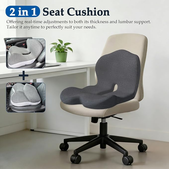 Ergonomic Memory Foam Seat Cushion, Lumbar Support Non Slip for Truck Driver Long Driving Office Chair Back Tailbone Pain Relief Black