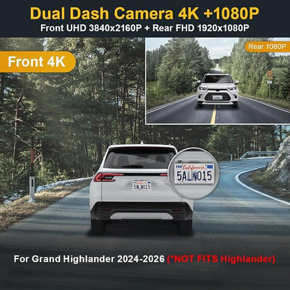 Fitcamx Front 4K+Rear 1080P Dash Cam Adapts for Toyota Grand Highlander 2024-2026 Hybrid (HD2-0E130), OEM Factory Look, Dual HD Video, WiFi & APP, Loop Recording, G-Sensor, Easy to Set, 128GB Card