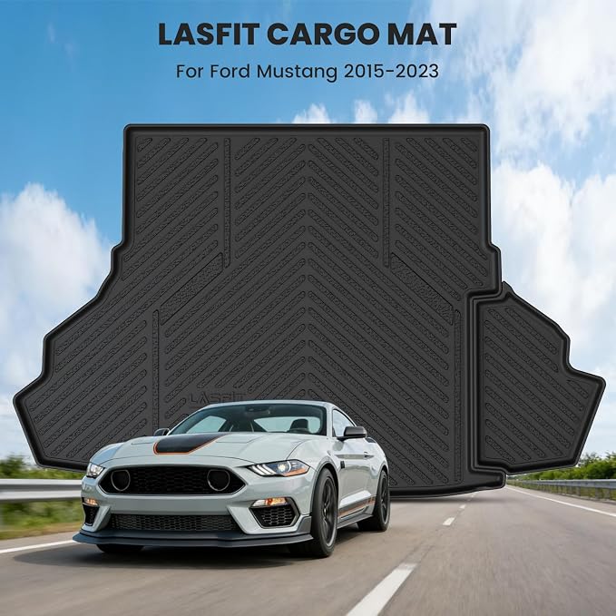 LASFIT Cargo Mat for Ford Mustang 2015-2023 (with or Without Subwoofer) Trunk Liner, Custom Fit All Weather Protector TPE One-Piece Design Easy Installation Trunk Mat, 1pc Black