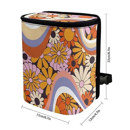 Abstract Groovy Hippie Daisy 70S 80S Wavy Swirl Pattern Car Trash Can with Lid and Zipper Portable Garbage Can Bags Vehicle Decorations for Women Trash Bin Hanging Back of Seat,Multicolor