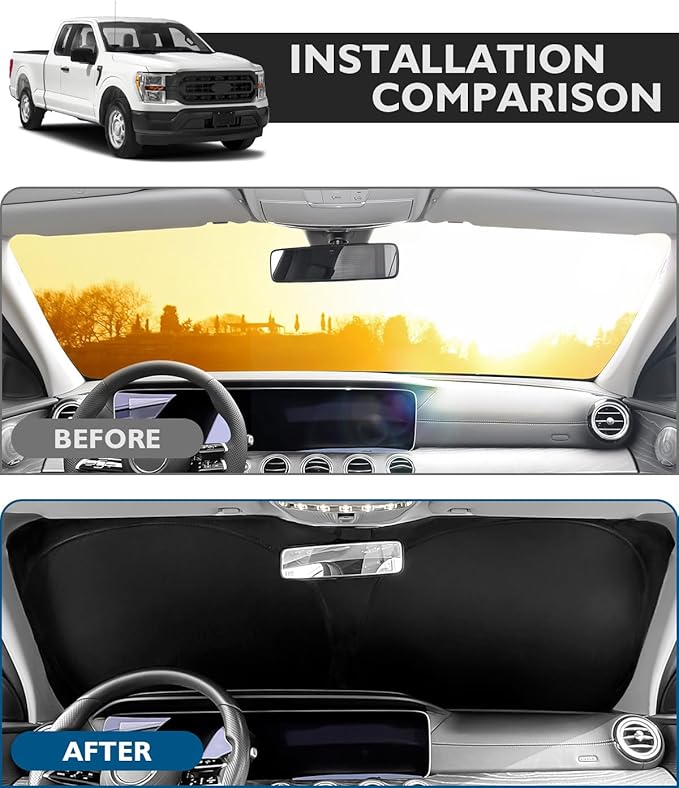BIBLOZ Car Windshield Sun Shade for Ford F150 2015-2025 2026, Lariat, Tremor, King Ranch, Platinum, Raptor, XL, XLT Accessories Foldable Sunshade PET Reflective Material Blocks UV Rays Front Visor