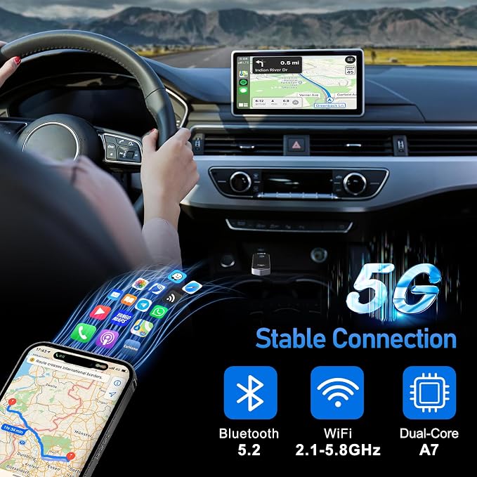 Wireless CarPlay Adapter for iPhone (Plug & Play, No Delay) – 5.8GHz Wi-Fi & Bluetooth 5.3, Compact Metal Design, Compatible with 2016+ Cars – Fast Auto-Pairing
