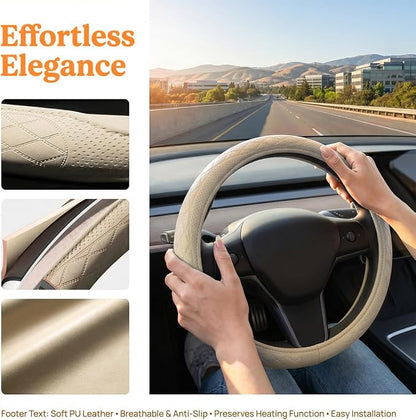 Zpana Car Steering Wheel Cover, 14.5-15" Breathable Soft Leather Vehicle Steering Wheel Protector with Anti-Slip Lining, Comfortable Auto Interior Decoration Accessories, Universal Fit (Beige)