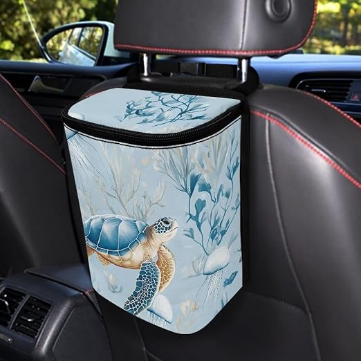 Talayituse Turtle Jellyfish Coral Print Car Trash Can with Lid, Leak Proof Auto Trash Bag Hanging Vehicle Garbage Can Multipurpose Storage Container for Back Seat Road Trip