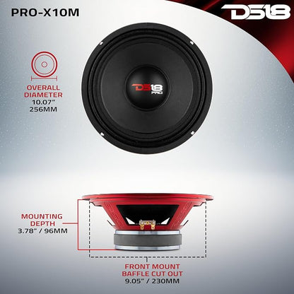 DS18 PRO-X10M Loudspeaker - 10", Midrange, Red Steel Basket, 600W Max, 300W RMS, 8 Ohms - Premium Quality Audio Door Speakers for Car or Truck Stereo Sound System (1 Speaker), Classic