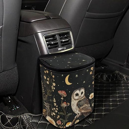 Talayituse Owl Mushroom Daisy Flower Print Car Trash Bin, Large Size Auto Trash Can Adjustable Portable Garbage Can with Lid, Vehicle Hanging Bag for Headrest Front Back Seat
