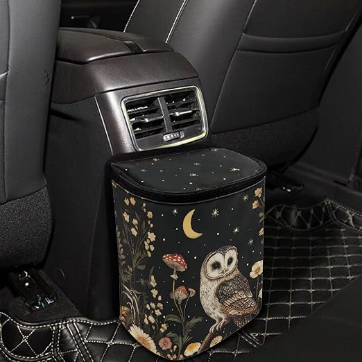 Talayituse Owl Mushroom Daisy Flower Print Car Trash Bin, Large Size Auto Trash Can Adjustable Portable Garbage Can with Lid, Vehicle Hanging Bag for Headrest Front Back Seat