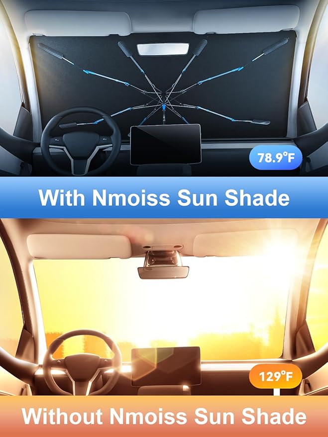 Upgraded Nmoiss Windshield Sun Shade Umbrella [Ice Rib] High Speed Cooling 99% UV Blocking Protects Car from Sun and Heat Damage, Keeps Cool and Protects Interior Large (61" L x 35" W)