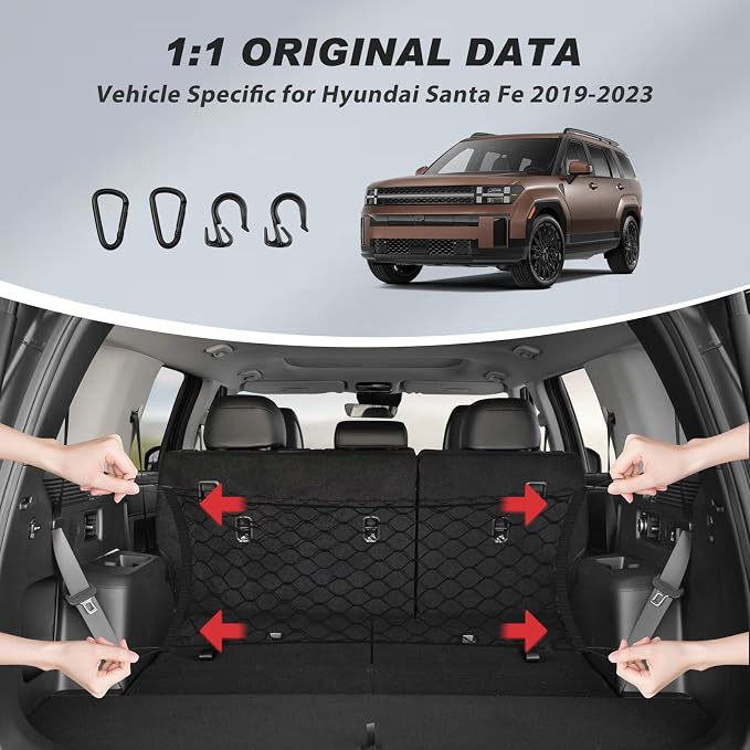 Karltys Cargo Net for 2019-2023 Hyundai Santa Fe Envelope Style, Highly Elastic Rear Trunk Cargo Net for Santa Fe Accessories Double Layer Nylon Mesh Netting with Metal Hooks