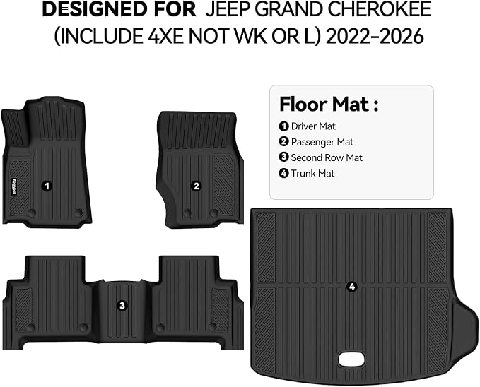 Floor Mats for Jeep Grand Cherokee (Include 4xe Not WK or L) 2022-2025 2026, Trunk Mat All Weather TPE Protector for Jeep Grand Cherokee Accessories