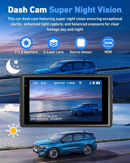 Dash Camera for Cars, 2.5K Dual Dash Cam Front and Rear W/ 64GB Card,3"IPS Screen Car Cam Built-in 5G WIFI,Car Dash Cam with G-Sensor, Loop Recording, Night Vision, 24H Parking Monitor,170°Wide Angle