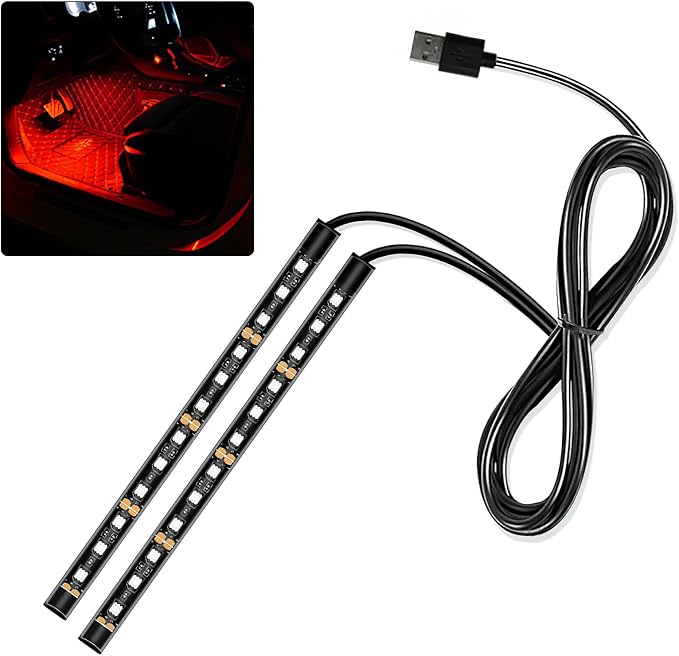 Car LED Strip Light, 12V 24 LED Interior Atmosphere Lights Under Dash Ambient Night Light, Universal Auto Interior Decorative Lamp with USB Port, Truck SUV Car Accessories (Red, USB)