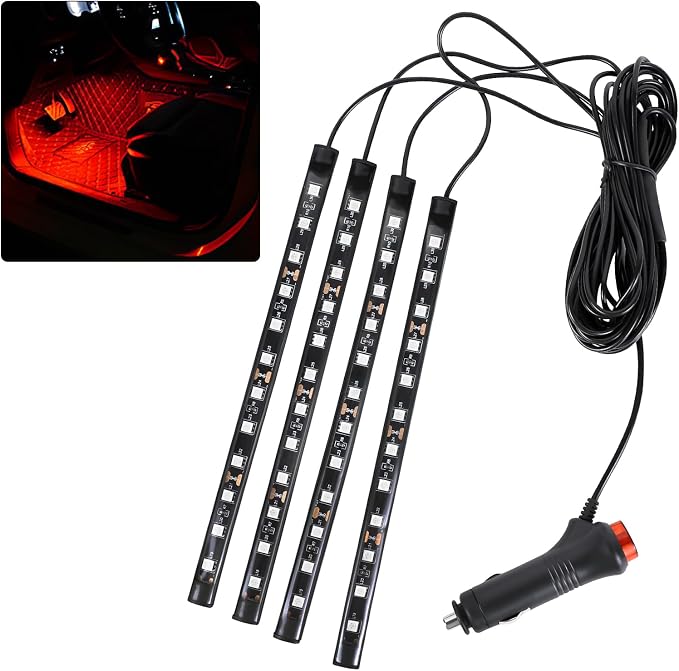 Car LED Strip Light, 12V 48 LED Interior Atmosphere Lights Under Dash Ambient Night Light, Auto Interior Decorative Lamp with Cigarette Adapter Plug, Car Accessories (Red, Cigarette Lighter)