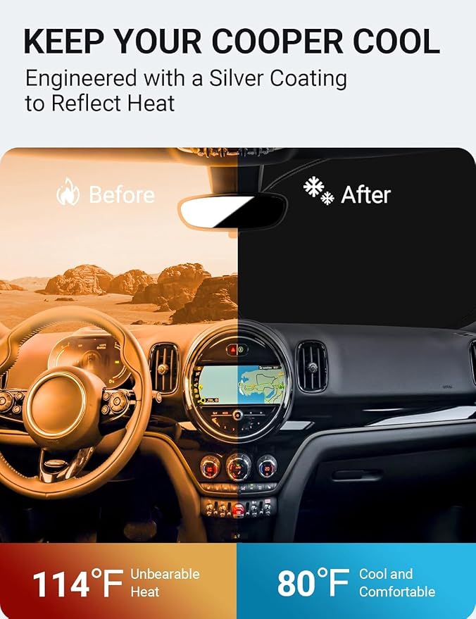 Proadsy 2026 Upgrade Front Windshield Sun Shade Foldable Sunshade Protector Custom Fit 2015-2024 Mini Cooper Cooper S Hardtop 4 Door Accessories