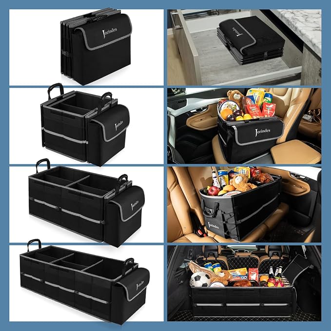 Collapsible Trunk Organizer for Car with Insulated Leak proof Cooler Bag, 3 Compartments SUV Cargo Organizer Removable Dividers, 5 in1 Car Storage Organizer with Foldable Lid,2 Tie-Down Straps(Black)