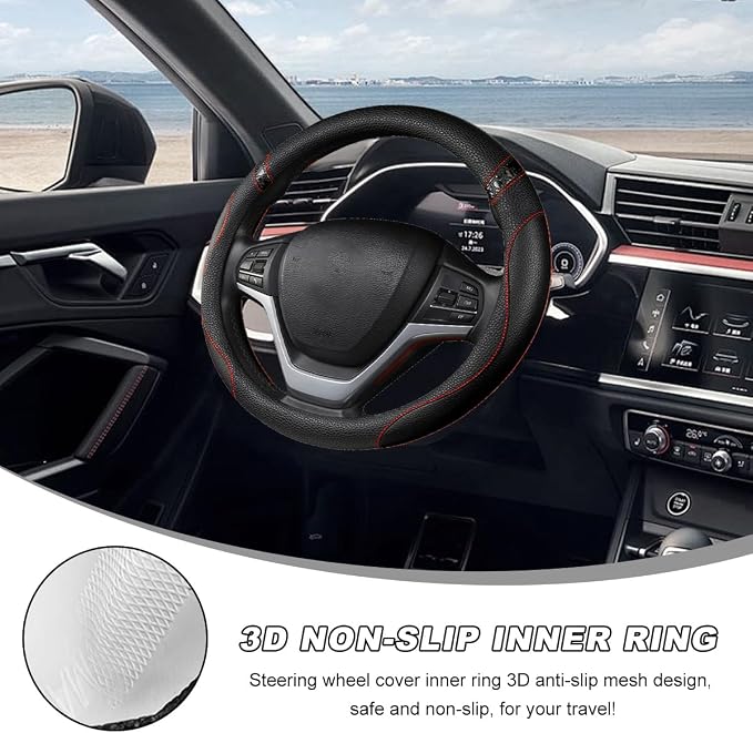 Car Steering Wheel Cover, 15 Inch Premium Leather Breathable Non-Slip Wheels Wrap, Universal Auto Comfortable Steering Wheel Protector for SUV Truck Van, Car Accessories (Black)