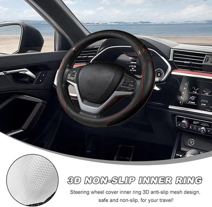 Car Steering Wheel Cover, 15 Inch Premium Leather Breathable Non-Slip Wheels Wrap, Universal Auto Comfortable Steering Wheel Protector for SUV Truck Van, Car Accessories (Black)