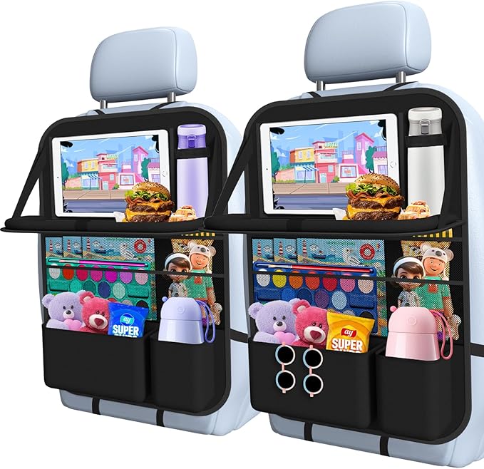 Car Backseat Organizer with table Tray(1Pack) 9 Storage Pockets Backseat Car Organizer with Tablet Holder, Back seat Organizer for Kids Road Trip Essentials Travel